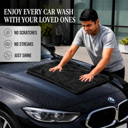 Image of 1600 GSM Microfiber Car Drying Towel Large (60x40 cm) | Ultra Absorbent Twisted Loop Cloth | Edgeless, Scratch-Free & Lint-Free for Car Drying | Black