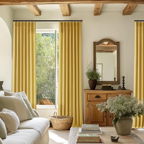 Image of Mustard Yellow Pinch Pleated Semi Sheer Linen Curtains 90 Inch for Bedroom | Living Room, Drapes, Light Filtering Privacy, Flax Textured, Hook Rings Memory Shape, Modern Boho, Golden Ochre, 90 inch Long