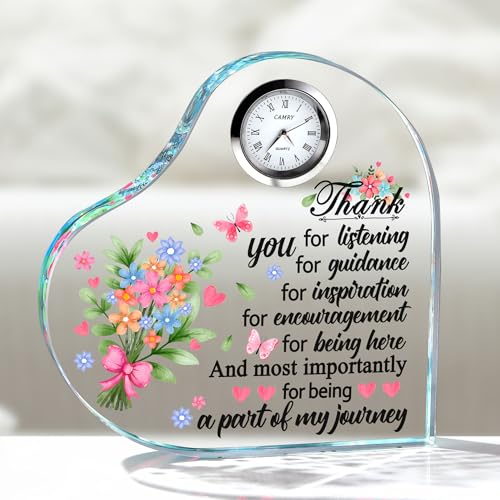 Ornalrist Thank You Gift for Women Men, Glass Heart-Shaped Colorful Plaque Keepsake with Clock Home Decoration Appreciation Gifts for Teacher Boss Coworker