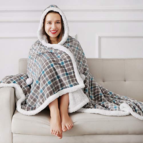 YORKSHIRE HOMEWARE Super Soft Warm Sherpa Fleece Wearable Hoodie Blankets Throws Animal Skin Print Check Designs -130 x 180 cm (Check)