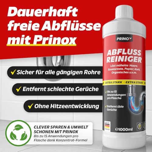 PRINOX Abflussreiniger 1000ml EXTRA STARK - Profi Rohrreiniger löst Haare, Essensreste & schwerste Verstopfungen - Rohrfrei gegen hartnäckige Verstopfungen & üble Gerüche - Biologisch abbaubar