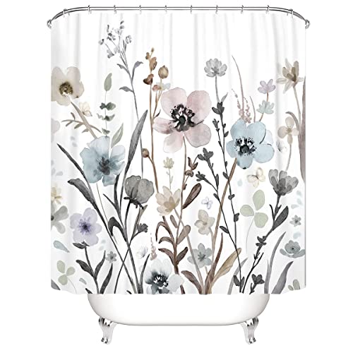 77Collect Zrofull White Watercolor Floral Botanical Shower Curtain For Bathroom ,Waterproof Polyester Flowers And Plants 72'' X 72'' White Background Bathroom Decor With 12 Pcs Stainless Steel Hooks #TOP3