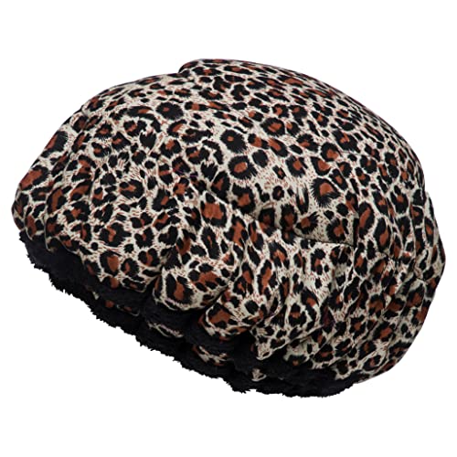 Heat Cap for Deep Conditioning w/ 10 x Disposable Shower Steam Caps - Curly Girl Method - Natural Flaxseed Steaming Haircare Therapy - Soft, Plush Cotton, Stretchy Nylon - Microwave Safe (leopard)