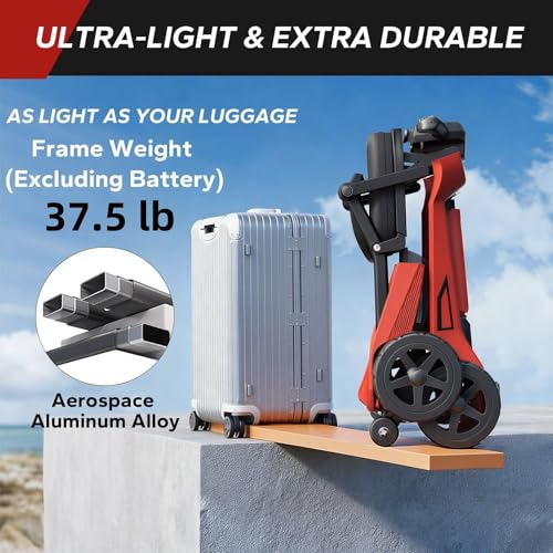 Image of Ultra Lightweight Foldable Electric Mobility Scooter for Adults & Seniors 24 Miles Range, 37.5 lbs Aluminum Frame, Airline Approved, Portable Red Scooter YL-985S