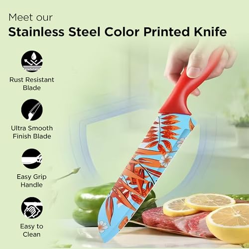 Image of UMAI Sharp Knife for Kitchen (7 Inch) Chef Knife | Chaku Knife | Printed Knife| Nife | Chopping Knife | Steel Kitchen Knife with Cover | Chopper Knife for Kitchen (Golden) (Red)