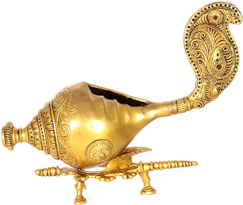 Exotic India A Fish Form Conceived as a Conch - Brass Sculpture Multicolour
