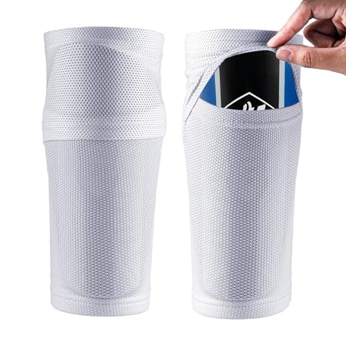 Rotyroya Sports Supplies - 1 par de espinilleras de fútbol con mangas elásticas, sin costuras, antideslizantes, de alta resistencia, resistentes a los impactos, espinilleras de fútbol, color blanco