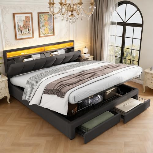 Lit Double rembourré 160 x 200 cm, lit coffre avec sommier et LED, Lit capitonné avec grand espace de rangement et 2 Tiroirs, Cadre de lits avec sommier à...