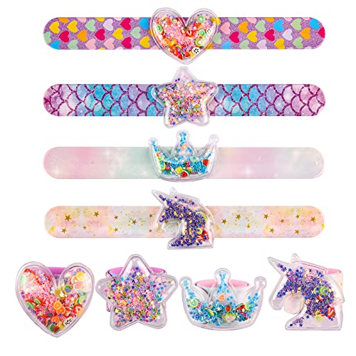 Little World Slap Bracelets, Quicksand Slap Bracelets for Girls, Glitter Shaker Unicorn Slap Bracelets with Silicone Wristbands for Kids Birthday Party Favors Supplies for Children's Day (4 Pack)