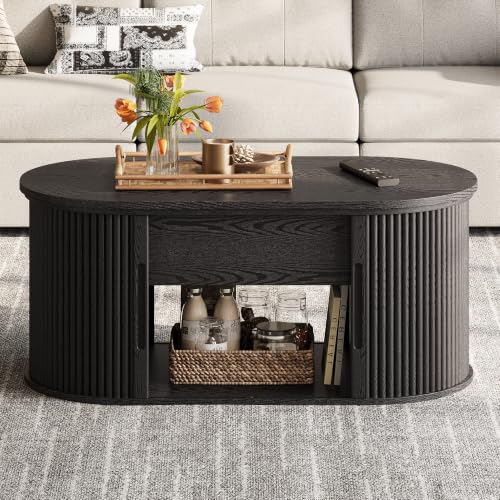 Image of LINSY Lift Top Coffee Table, Oval Fluted Coffee Table with Storage, Mid Century Modern Wooden Coffee Tables with Sliding Tambour Door, 39 inch Center Table for Living Room, Office, Small Space, Black