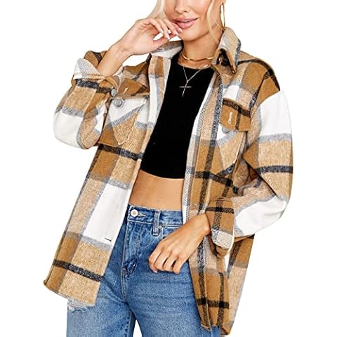 Gihuo Women's Casual Loose Button Down Wool Blend Plaid Shirt Jacket Shacket - brown - x-Large Cover