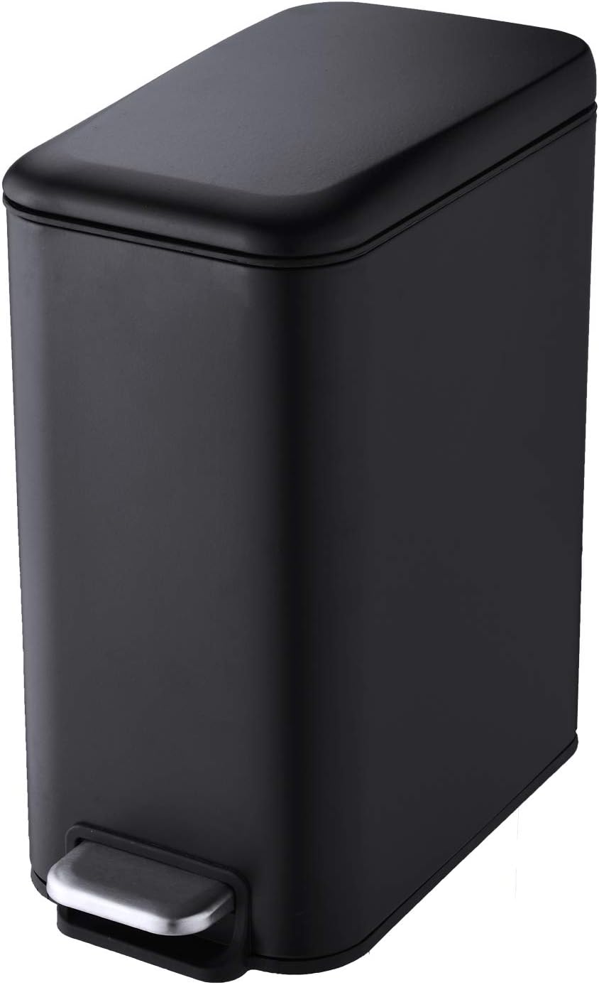 HILFA 5 Liter/1.3 Gallon Compact Stainless Steel Rectangular Step Trash Can, Bathroom and Kitchen, Matte Black, SB3200-MB