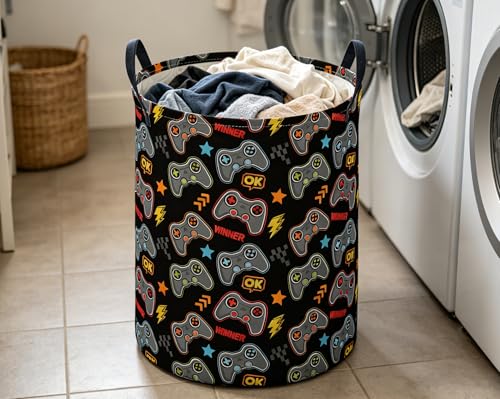 Image of ESSME Kids Laundry Basket,Game Hamper Collapsible Canvas Waterproof Storage Bin for Boys, Cute Hamper,Gift Baskets(Game)