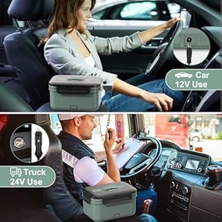 Vingud Electric Lunch Box 100W, 4 in 1 Heated Lunch Box for Adults, Portable Heating Lunch Box for Work/Car/Truck, with 1.8L Stainless Steel Container, 12V 24V 110V 220V, Green Grey