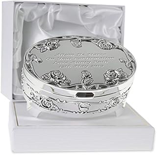 De Walden Girl's Confirmation Gift Engraved Silver Plated Rose Trinket Box in a Presentation Box, Girls Confirmation Gifts
