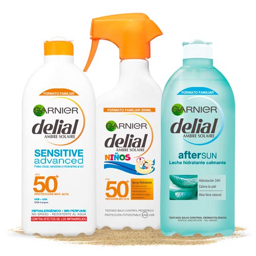 Garnier Delial Kit de Protección Solar, incluye Spray Niños SPF 50+ (300 ml), Leche Solar SPF 50+ (400 ml) y Leche Hidratante Calmante After Sun (400 ml)