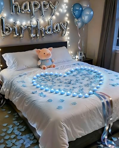 Image of Amagic 2000 Pieces Light Blue Artificial Rose Petals with 24 Light Blue LED Tea Lights, Rose Petals and Candles Set for Proposal, Anniversary, Romantic Night, Wedding Decor