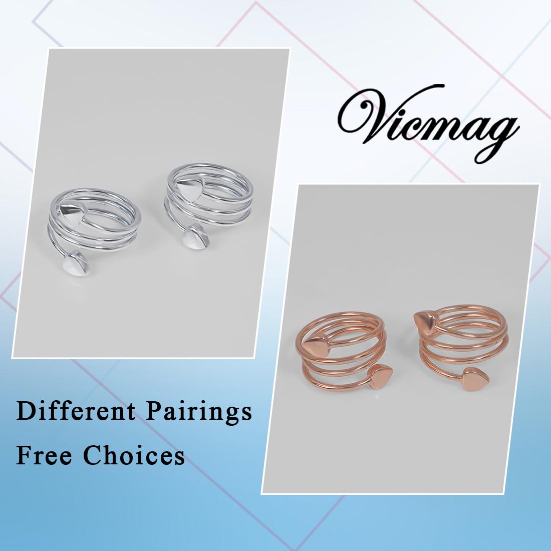 Vicmag 2 Anelli Magnetici in Rame, Magneti in Ottone per Donne con 2 Potenti Magneti da 3500 Gauss, 100% Rame Solido Puro, Confezione Regalo per Gioielli Regolabile (Cuore), Metallo Non Prezioso
