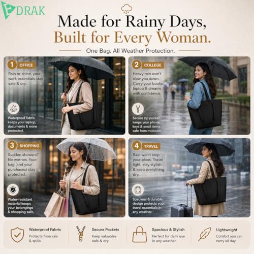 Image of Waterproof Tote Bag for Women for Rain Protection | Large Capacity Shoulder Handbag with Zipper Closure & Flap Cover | Lightweight Daily Carry Tote for Office, Travel, Shopping & College (Black)