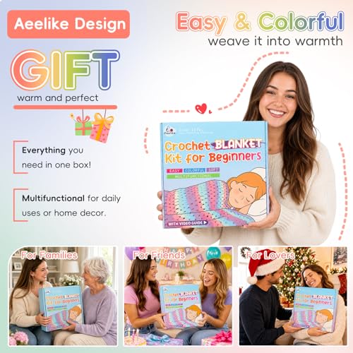 Image of Aeelike Blanket Crochet Kit for Beginners, Super Easy Crochet Blanket Kit with Soft & Colorful Gradient Yarns Detailed Video Tutorials Accessories, Ideal Gift for Crocheter & Rainbow Gradient