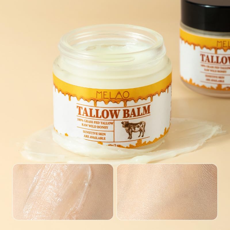 MELAO Grass-Fed Tallow Balm with Raw Honey - Natural Face & Body Moisturizer for Sensitive Skin, Eczema Relief, Chemical-Free Skincare, 2 oz