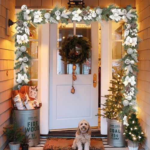 Adeeing 6FT Christmas Garland with Lights, Xmas Battery Operated Artificial Rattan with Classic Silver Decorations, Xmas Garland for Home Indoor Fireplace Mantle Outdoor Decor, Silver