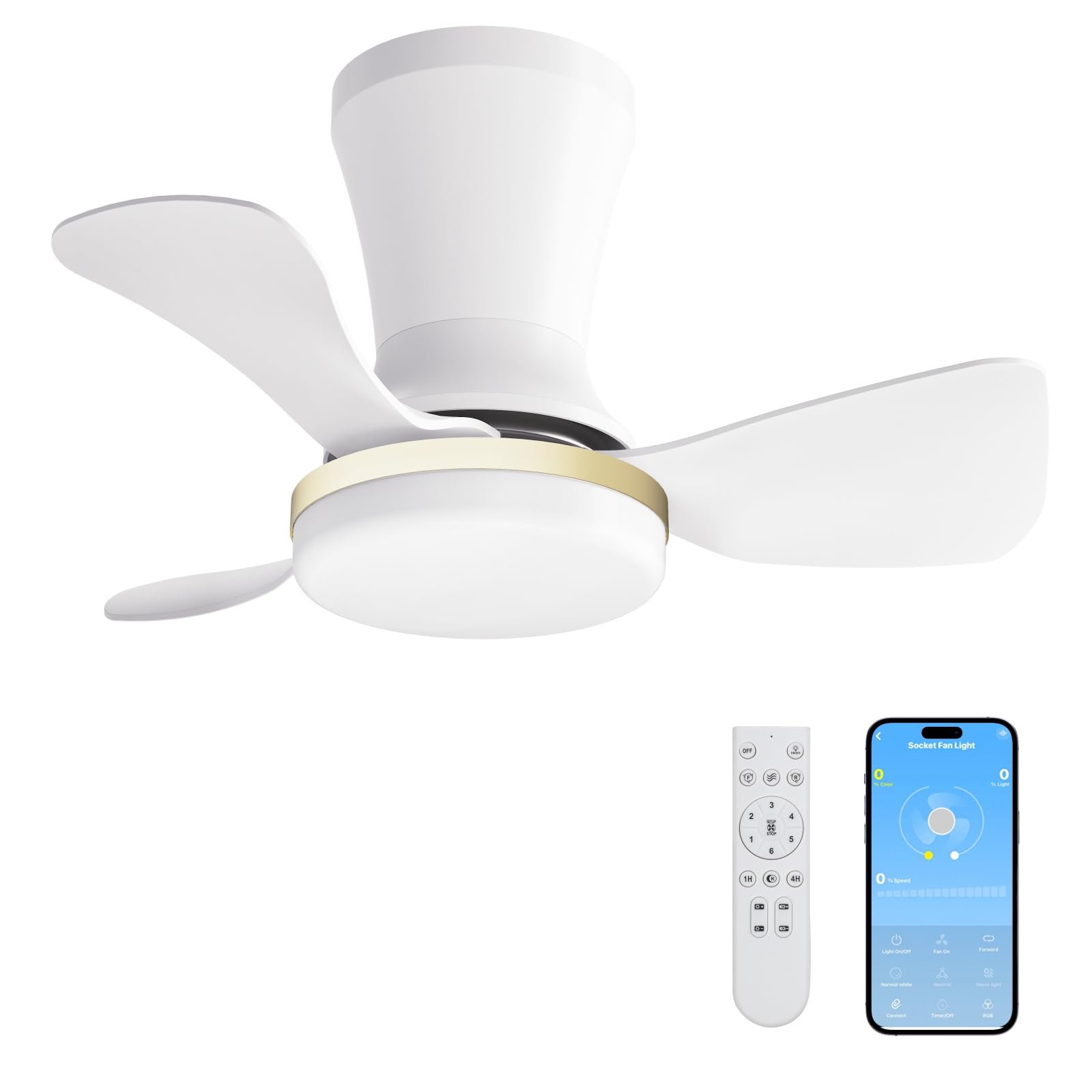 LANMEL Metal Ceiling Fan with Lights and Remote, 22 Inch, Gold &amp; White