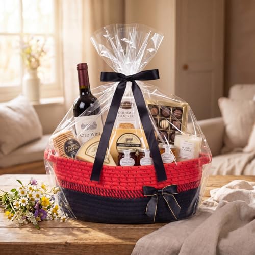 Image of Colingmill 1 Set Woven Basket for Gift Empty with Cellophane Wrap Set 14 x 10 x 5.5 Inch, Medium Decorative Gift Basket Empty to Fill, Cotton Rope Storage Box Decor (Red Black)