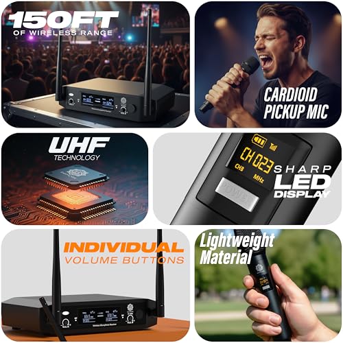 Image of DIGIMORE Wireless Microphone System | 2 Handheld Mics | 150Ft Range | Cardioid Pickup | Balanced XLR Outs & UnBal 6.35mm Out | Cordless Mic for Singing, Karaoke, Church, DJ (D-315)