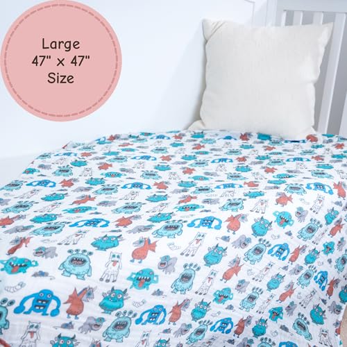 Image of LollyBanks Muslin Swaddle Blankets, 100% Cotton Soft and Breathable Baby Blanket for Boys, 47 x 47 Inches Receiving Blankets, Lightweight Newborn Swaddles, Nursery Must Haves (Monsters Print)