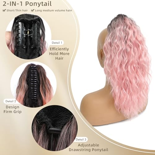 Image of Claw Clip Ponytail Extension 16In Long Wavy Curly Hair,Ombre Pink