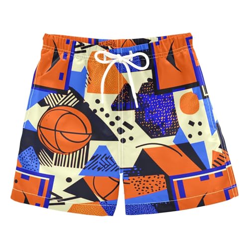 Boys Quick Dry Swim Trunks with Pockets Geometric Pattern Basketball Beach Shorts for Kids, Toddler Swimsuit Boy