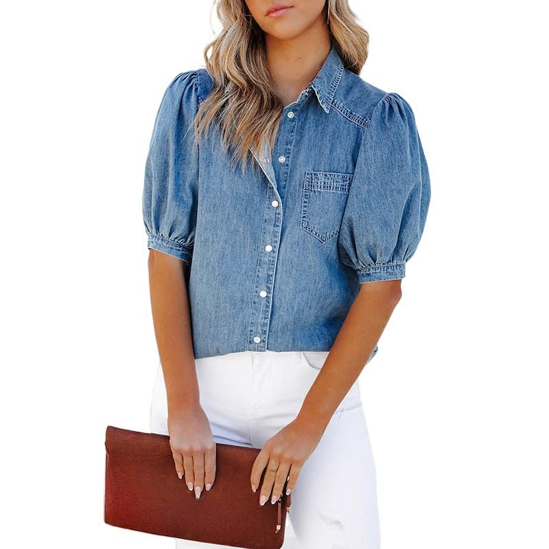 Tee Shirt Femme Chemise en Jean pour Femme Chemisier Boutonné Décontracté Manches Bouffantes Vestes en Jean Cardigan Manteaux Ouverts sur Le Devant Délavés Veste Surdimensionnée V