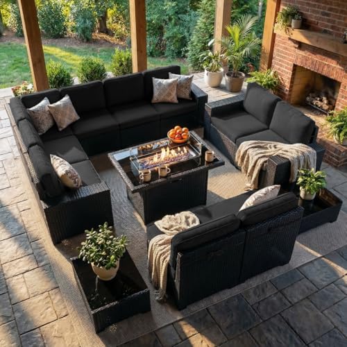 Image of LayinSun 13 Pieces Outdoor Patio Furniture Set with 44" Fire Pit Table Rattan Sectional Sofa Conversation Sets