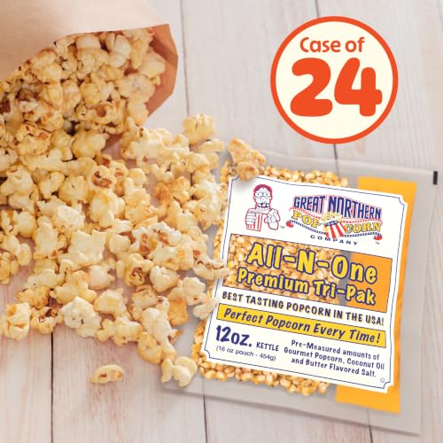 Image of 12oz Popcorn Machine Popcorn Packets - All-in-One Movie Theater Style Popcorn Kernels, Salt, and Oil Packs by Great Northern Popcorn (24 Case) | All-in-One Movie Theater Style Kernels, Butter Flavored Salt, and Coconut Oil Packs for 12oz Kettle - Movie Night Supplies