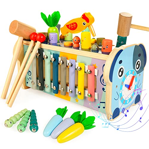 Woodmam Montessori Toys For 1 Year Older, 7 In 1 Wooden Hammering Pounding Toy With Xylophone, Carrot Harvest Game, Fine Motor Skills Learning Developmental Toys Gift For Boys Girls Age 1 2 3 #TOP28