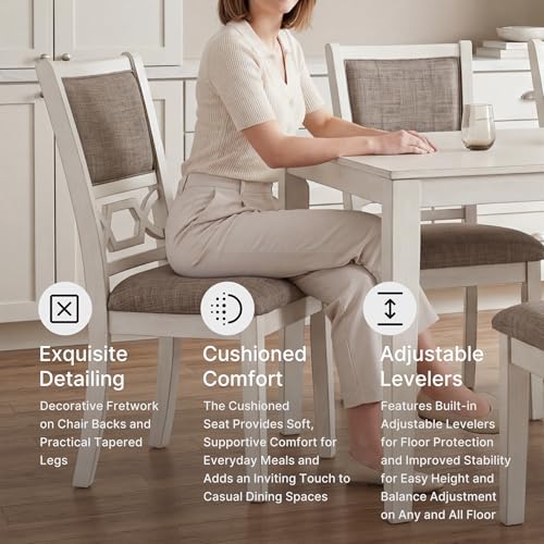 Image of Signature Design by Ashley 6-Piece Dining Set with Bench, Antique White | Space-saving table with tuck-under bench, Fretwork chairs with textured gray upholstery, Erinberg Series