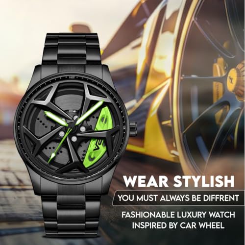 Image of V2A Men's Analog Watch with Spinning Wheel Dial - Black and Green| Stylish Stainless Steel Band | Water & Scratch Resistant - Model 2310