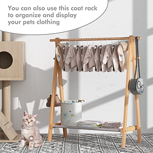 Fekcits Kids Clothing Rack Dress Up Storage With Storage Shelf, Natural Beech Child Garment Rack With 2 Hooks 37.5" L X 14.5" W X 39.5" H, Clothes Hanging Rack For Kids, Pets #TOP2