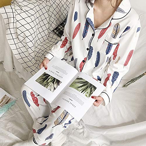 ZXF Pijama de pijama para mujer, de algodón, con estampado de plumas de manga larga y cuello alto, conjunto de dos piezas para el hogar cálido (color: pluma, tamaño: M)