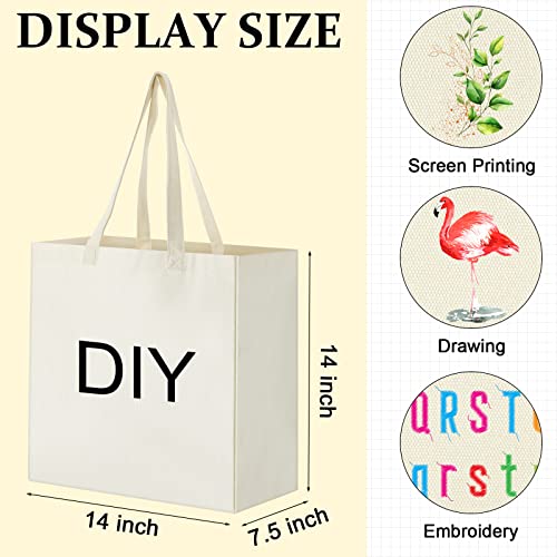 12 Pieces Canvas Grocery Bag Large Blank Tote Bags, Reusable Canvas Shopping Bag With Long Handle White Washable Foldable Plain Natural Heavy Duty Totes Bags Bulk For Kitchen, 14 X 14 X 7.9 Inch #TOP1