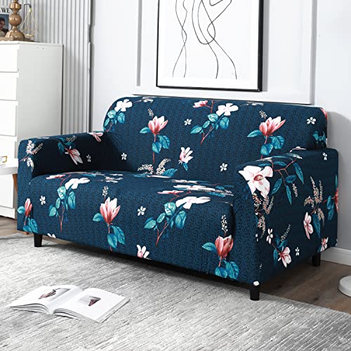 Image of HOKIPO 95% Polyester, 5% Spandex Elastic Stretchable Universal Sofa Cover 2 Seater, Blue Mixed Flowers (AR-4094-D2)