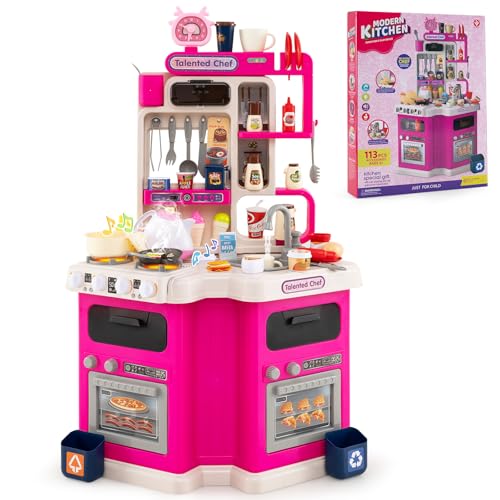 HONEY JOY Corner Kids Kitchen Playset, Plastic Play Kitchen w/Realistic Light & Sound, Music,...