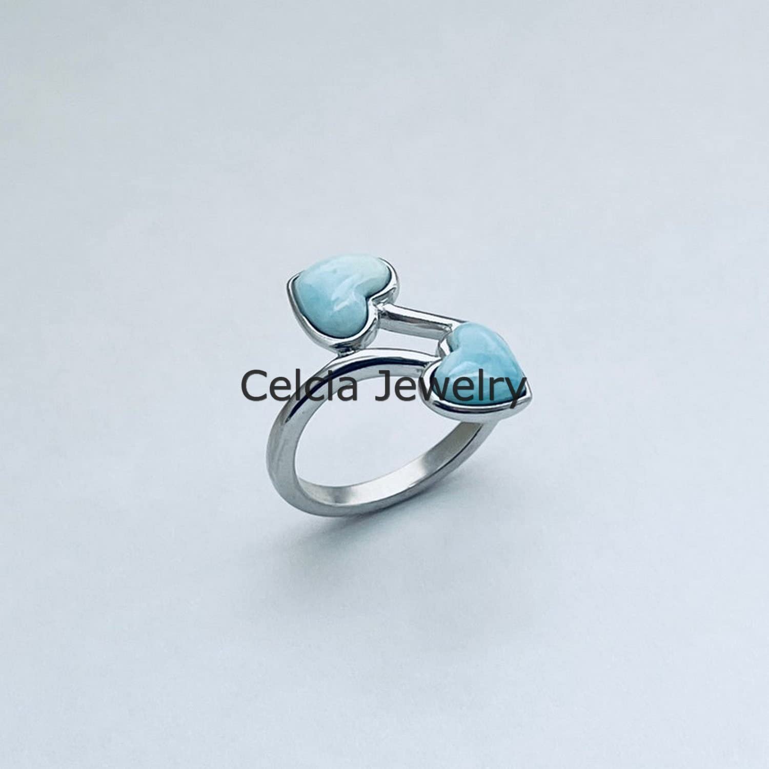 Anello a due cuori pietre preziose di Larimar, anello da donna in argento sterling solido, anello di promessa di compleanno, anello Boho per la festa della mamma bella (larimar)