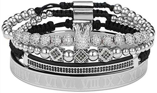 Haoze Imperial Crown King Gold Bracelet for Men Pave CZ Luxury Charm Beads Cuff Bangle Crown Birthday Jewelry(04PCS - Silver - Style 1)