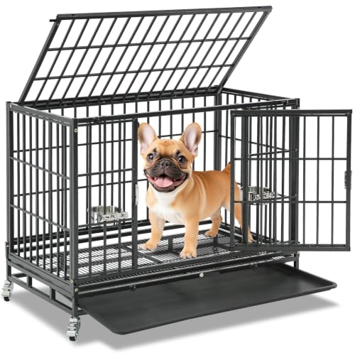 Homey Pet 37 Inch Heavy Duty Dog Crate for Medium Dogs, Metal Dog Cage with Wheels, Bowls, Removable...