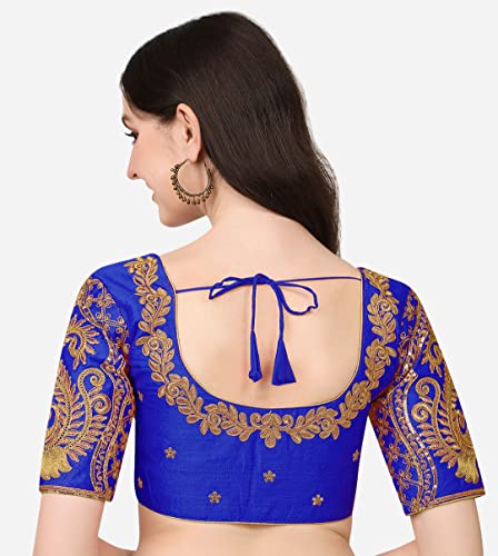 Image of Pujia Mills Women's Phantom Silk Embroidery Handwork & Sequin Work Peacock Design Half Sleeve Readymade Blouse (Mor Blouse Gold 38 Size+Margin)