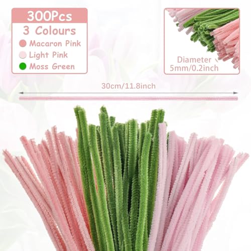 Image of Pipe Cleaners Craft Set, 300 Pieces, 3 Colors, Chenille Stems with Floral Wires, Gardening Tape, Stamen for DIY Flower Making (Pink)