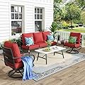 MFSTUDIO 4 Pieces Patio Conversation Sets(5 Seat), Outdoor Metal Furniture Sofa Set with 1 Loveseat(3 Seat), 2 Swivel Chairs, 1 Coffee Table, Steel Frame Patio Set with Burgundy Red Cushion for Patio