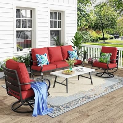 MFSTUDIO 4 Pieces Patio Conversation Sets(5 Seat), Outdoor Metal Furniture Sofa Set with 1 Loveseat(3 Seat), 2 Swivel Chairs, 1 Coffee Table, Steel Frame Patio Set with Burgundy Red Cushion for Patio